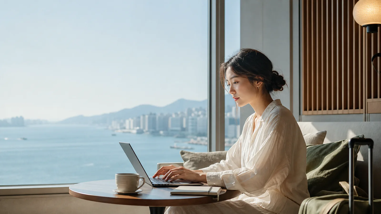 海を望むラウンジでノートPCを開いて働く旅人