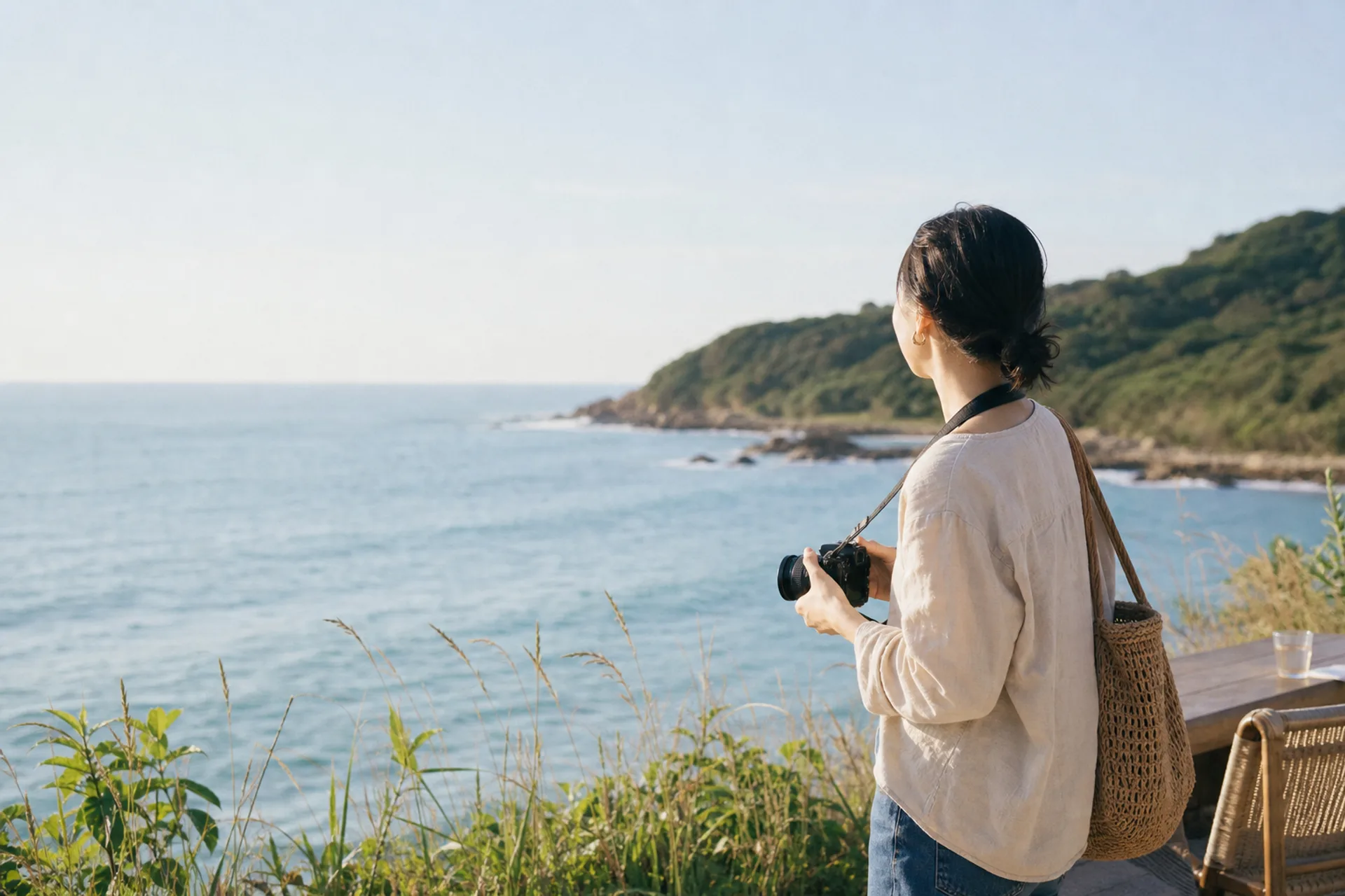 바다를 바라보며 카메라를 든 여행자의 이토시마 분위기 편집 이미지