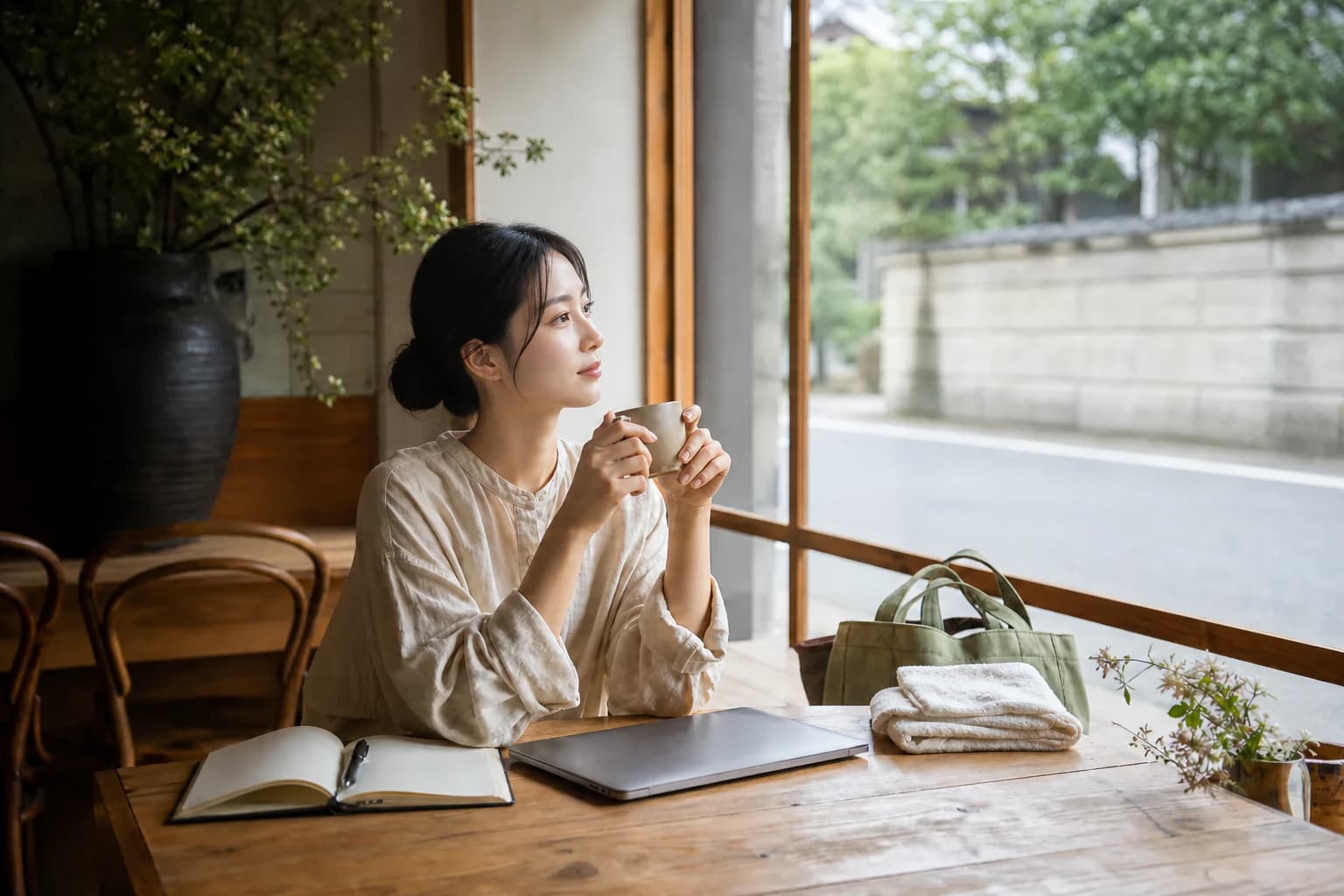 A traveler taking a quiet coffee break in a sunlit Japanese cafe