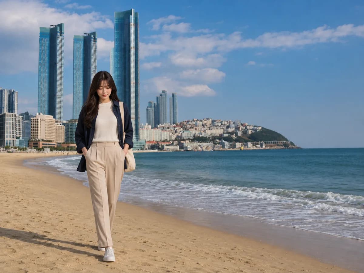부산 해운대와 마린시티 해안 산책로를 걷는 여행자