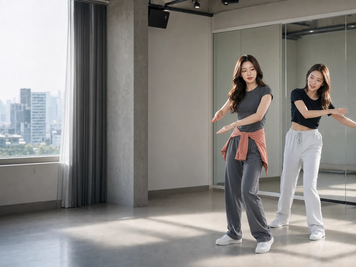 ソウルをイメージした明るいスタジオで、大人の旅行者が講師とダンスの動きを練習する編集イメージ
