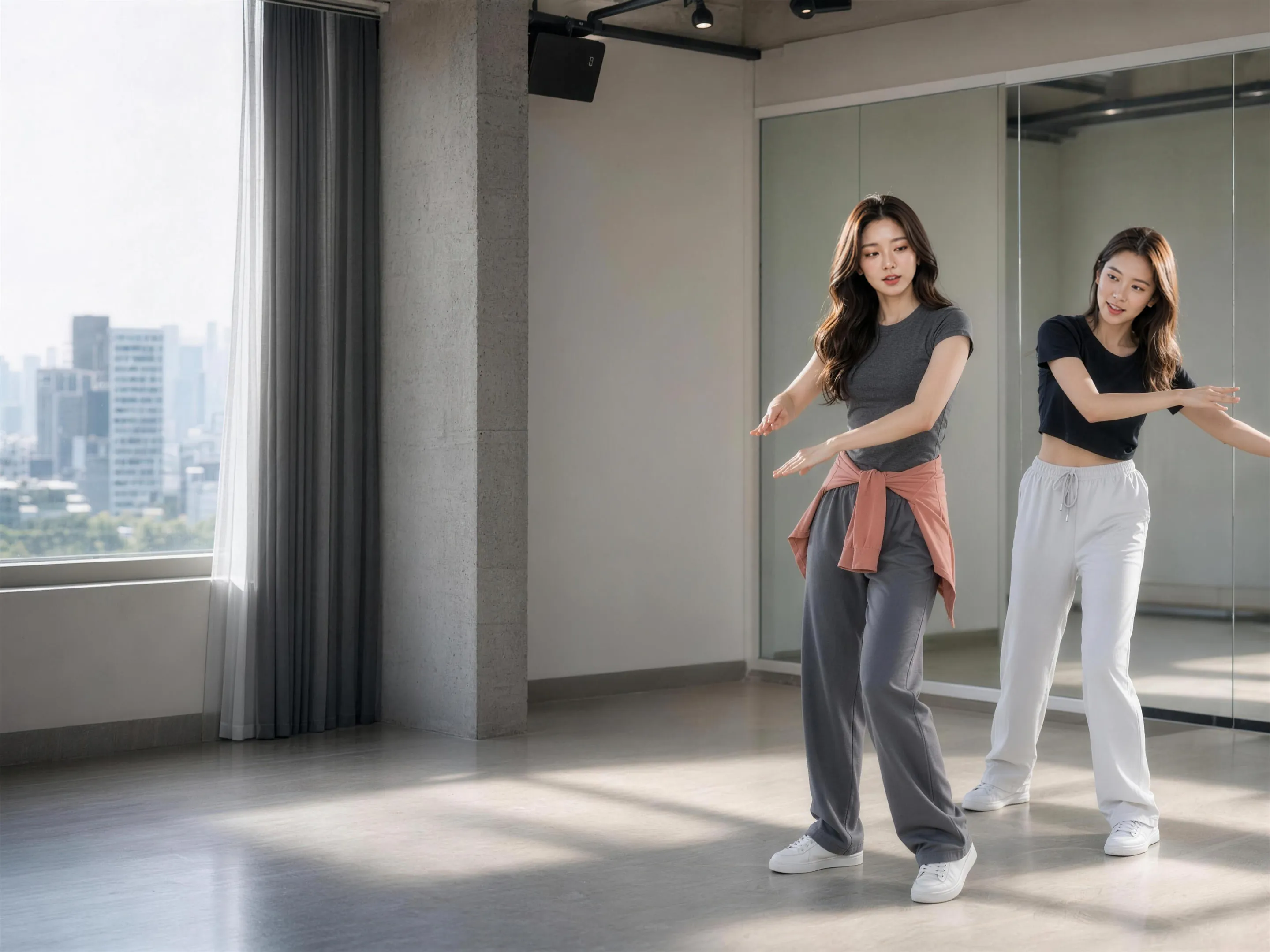 An editorial scene of an adult traveller learning dance movement with an instructor in a bright Seoul-inspired studio