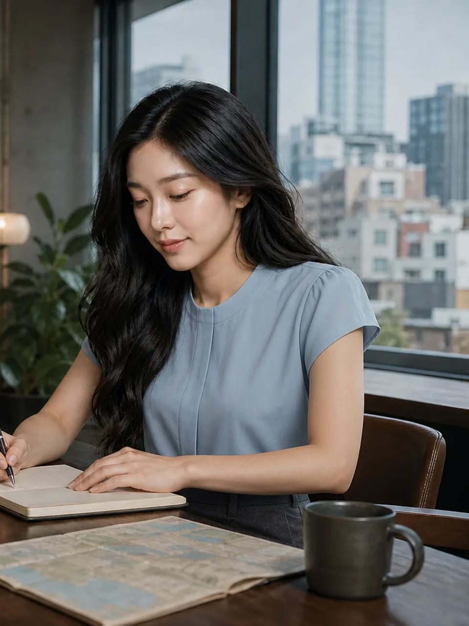 도시 카페 라운지에서 여행 지도와 학습 노트를 정리하는 성인 여행자