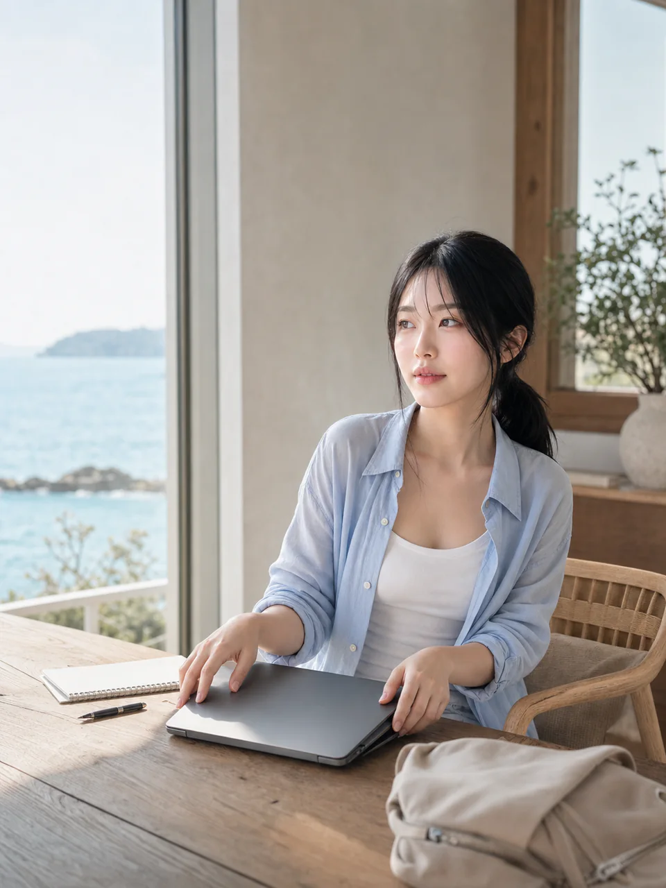 Brand editorial of a traveler with a laptop and travel bag in a coastal setting