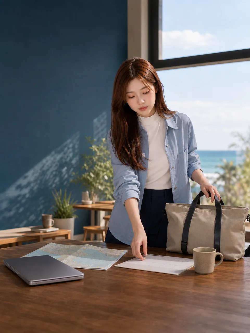 An adult traveler planning a stay with a map and calendar in an unnamed coastal workspace