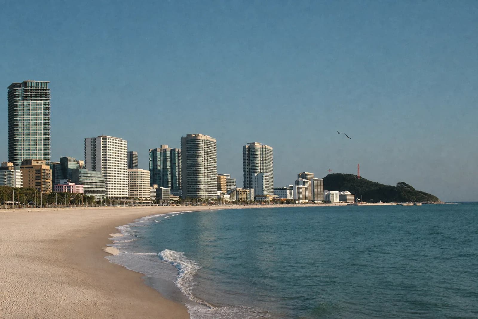An AI brand landscape of a city beach and high-rise skyline