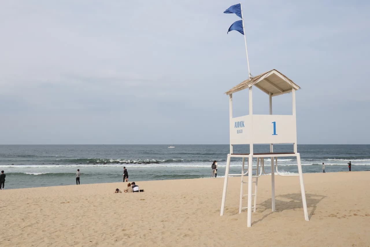 Anmok Beach and lifeguard tower in Gangneung