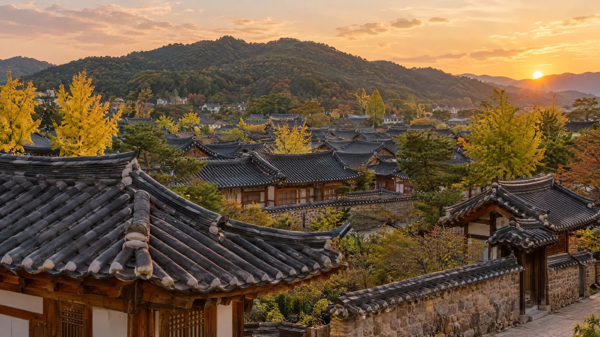 An AI landscape of hanok village rooftops at golden hour