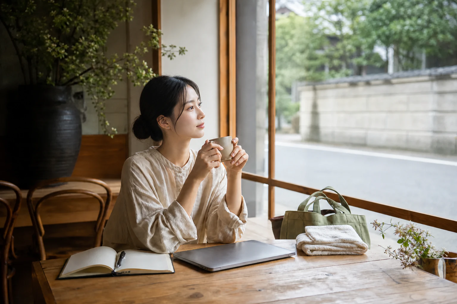 朝の光が差し込む日本のカフェで、コーヒーを飲みながらひと休みする旅人