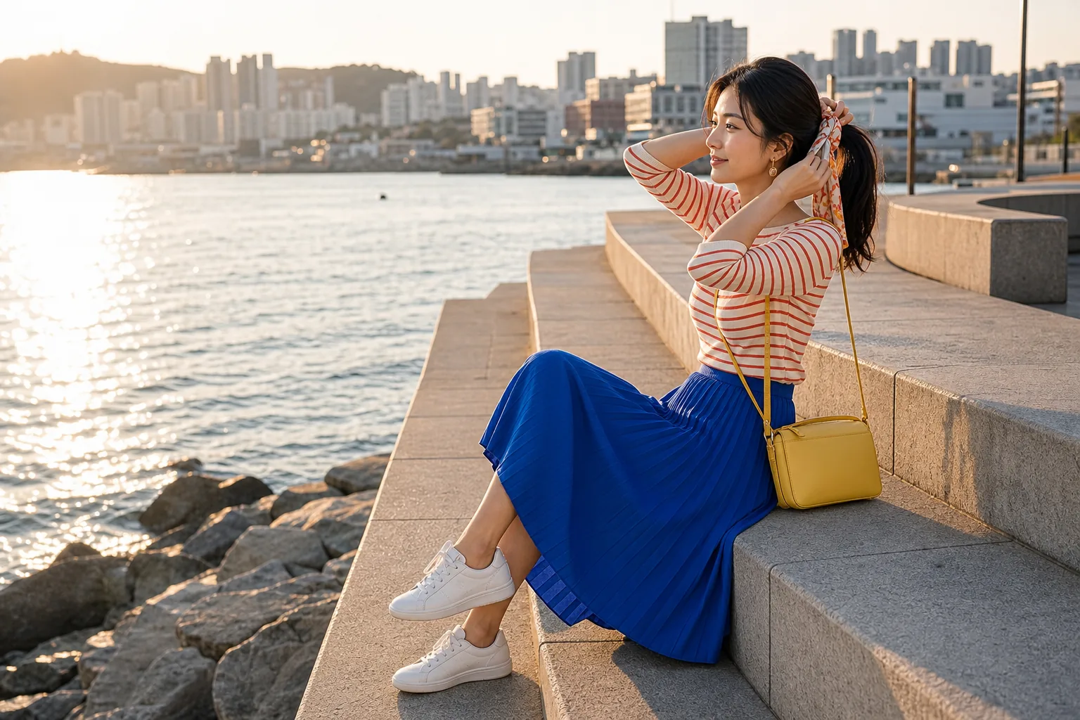 A traveler in a pleated skirt tying her scarf on harbor steps