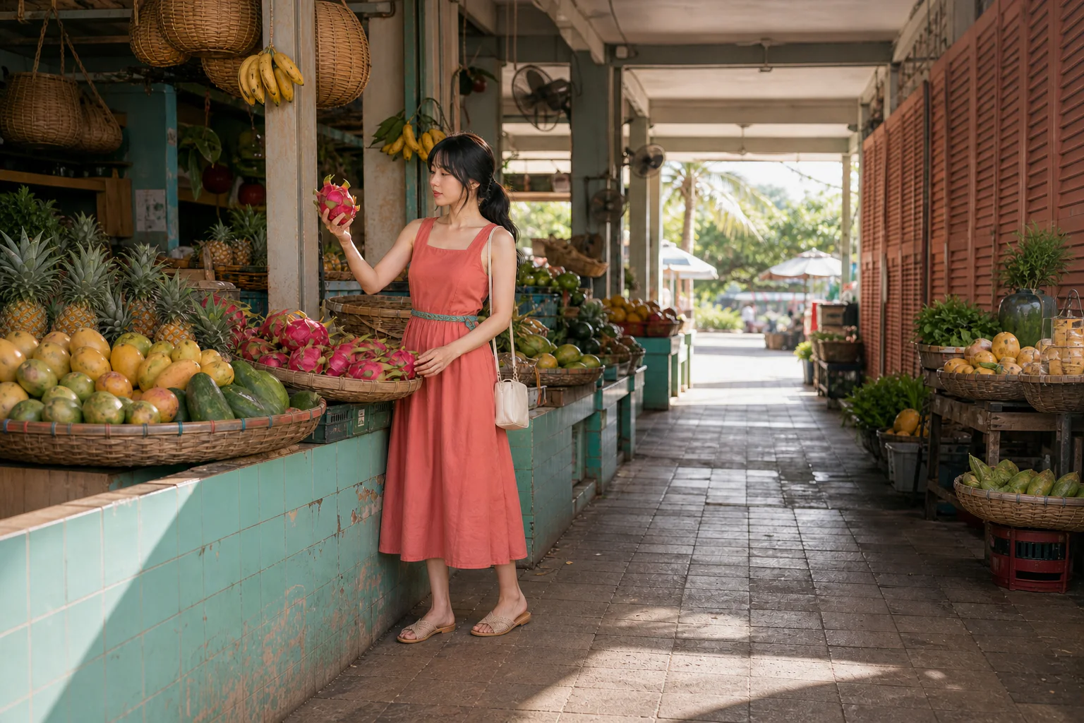 A traveler examining dragon fruit in a Da Nang-inspired tropical market