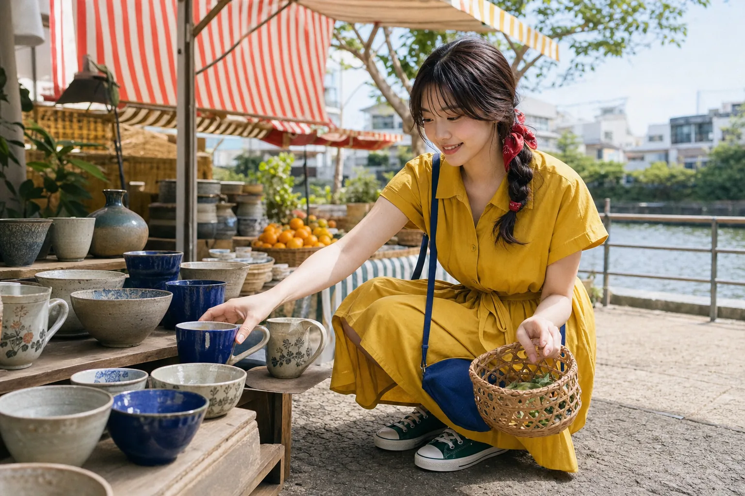 黄色のシャツワンピースで街のマーケットの器を見る旅人