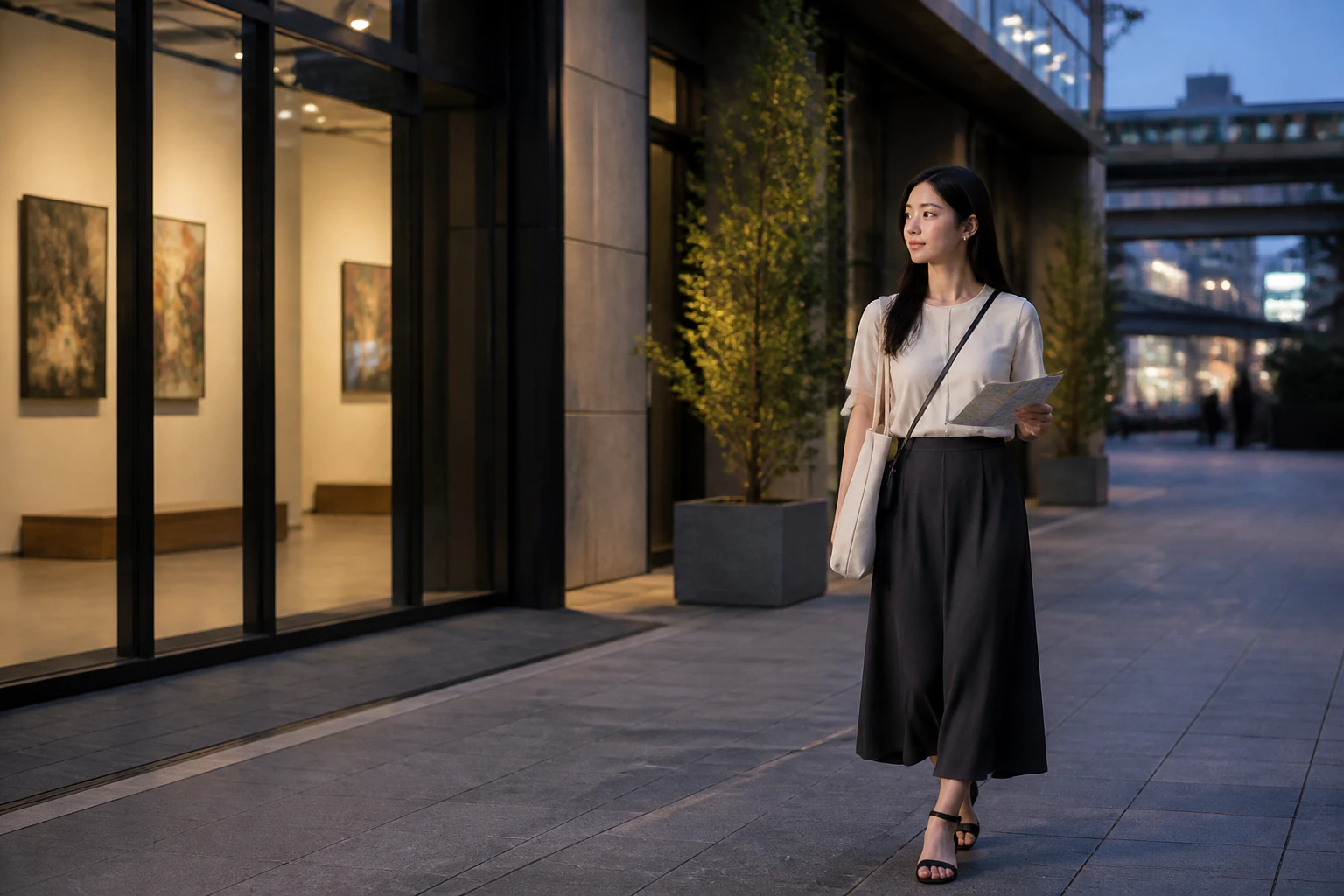 A traveler walking after an exhibition while checking a city map on a late-summer evening