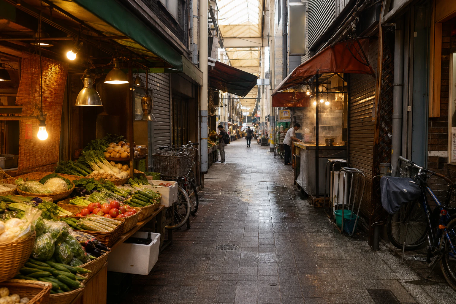 A small Japanese city market lane preparing to open on a late-summer morning